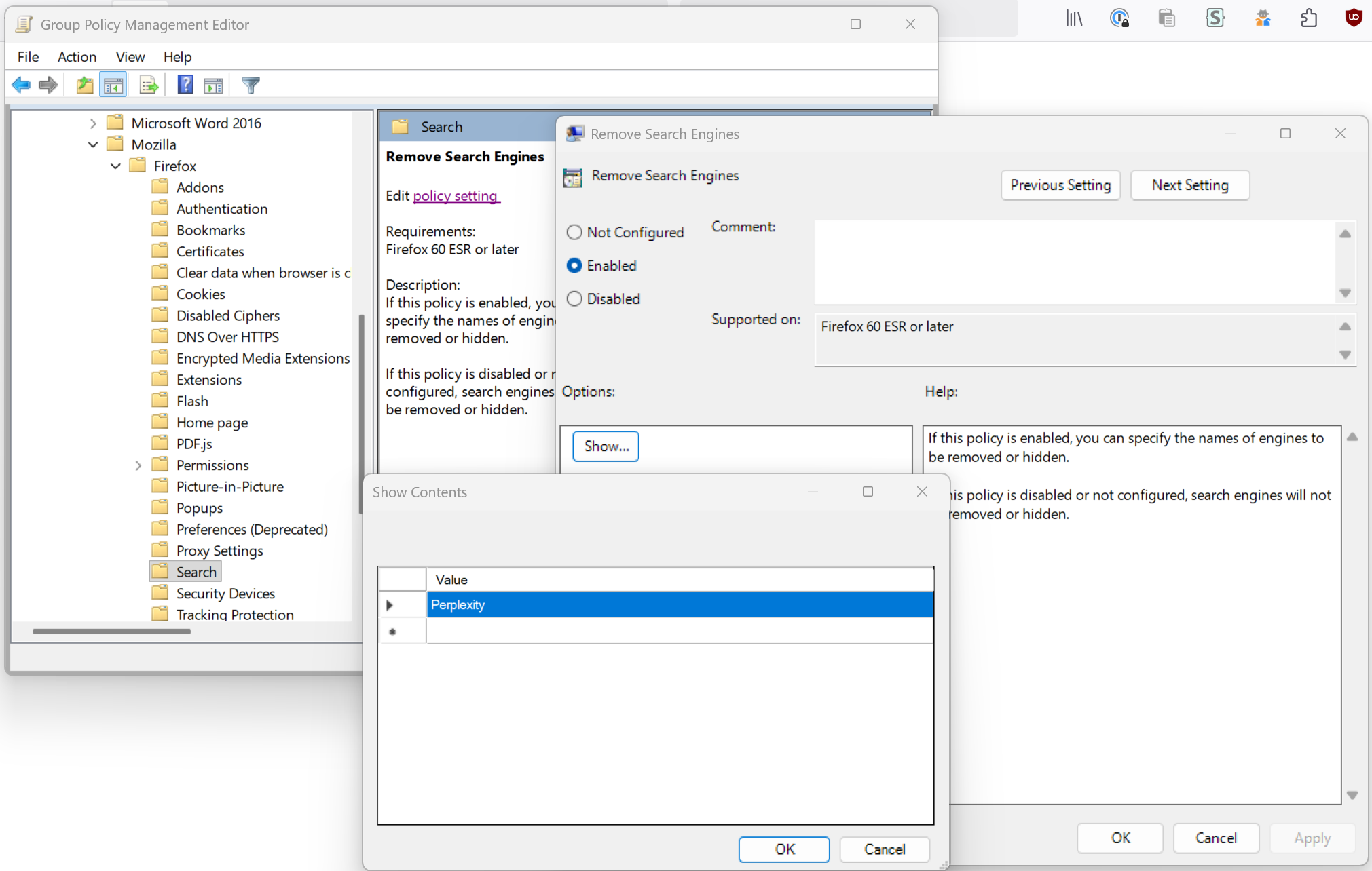 Screencap showing the GUI windows you'll see as you enable the group policy as described in this post.
