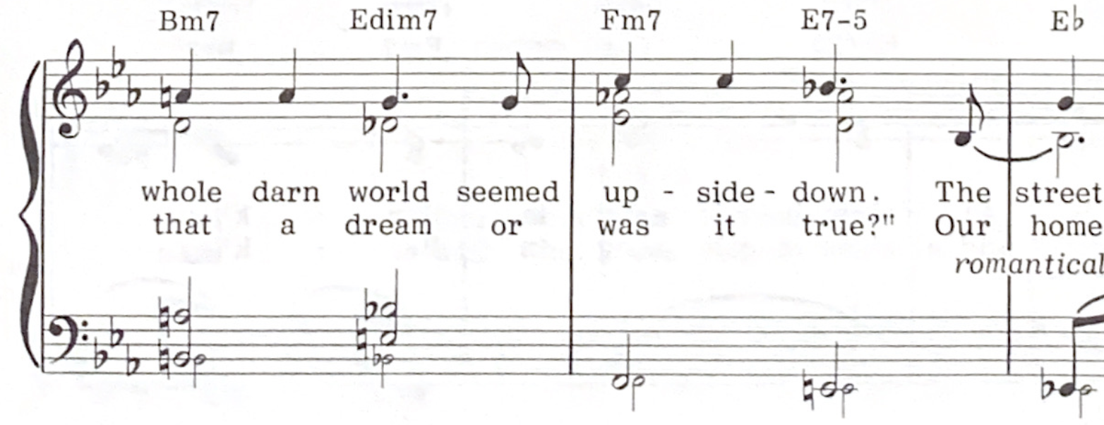 Section of piano-vocal sheet music of the bridge of "A Nightingale Sang in Berkeley Square". The lyrics are "The whole darn world seemed upside down". The chords are Bm7 / Edim7 / Fm7 / E7-5.